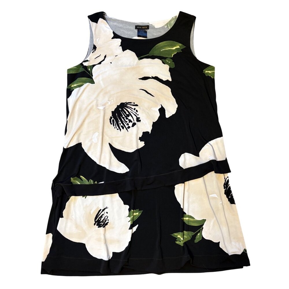 Eva Varro L Dress Sleeveless Double Tier Stretch Knit Floral Black Ivory Tiered